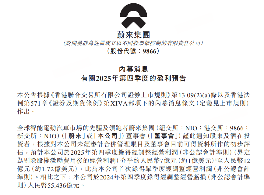 蔚来发布2025年Q4盈利预告，美股股价收涨5.86%
